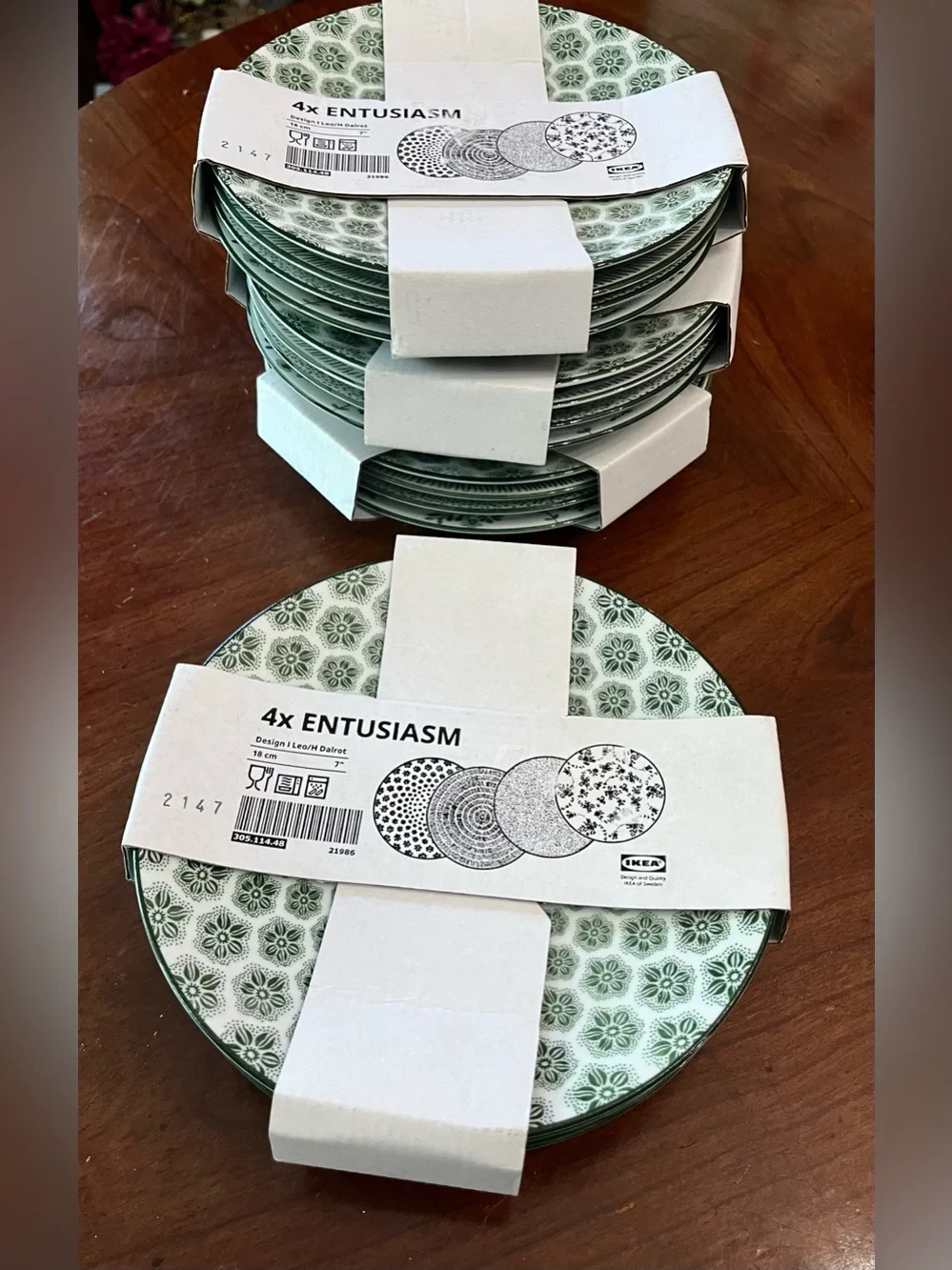 NEW Set of 8 IKEA Entusiasm Green & White Patterned Side Plates Discontinued NWT
